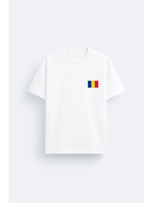 Shain Romanya Romania Bayrak Baskılı %100 Pamuklu Kumaş Beyaz Tişört T-Shirt