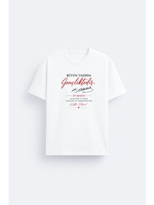 Shain 19 Mayıs Atatürk'ü Anma Gençlik ve Spor Bayramı Baskılı Beyaz Unisex Tişört