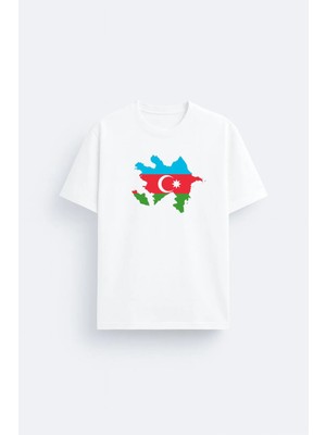 Shain Azerbaycan Türk Bayrak Baskılı %100 Pamuklu Kumaş Beyaz Tişört T-Shirt