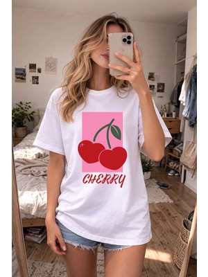 Shain Cherry Baskılı Bisiklet Yaka Beyaz Tişört T-Shirt
