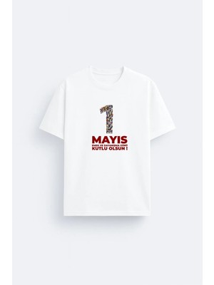 Shain 1 Mayıs Işci Bayramı Baskılı Bisiklet Yaka Beyaz Tişört T-Shirt