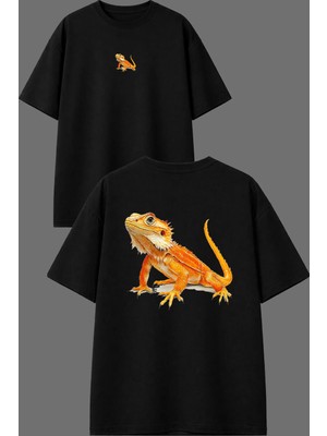 Vsrn Turuncu Bukalemun Tasarım Ön Arka Baskılı Siyah Oversize T Shirt