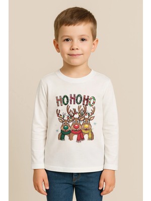 Shain Yeni Yıl Yılbaşı Noel Baba Christmas Baskılı Bisiklet Yaka Çocuk Uzun Kol Tişört Bluz