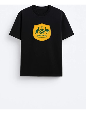 Shain Avustralya Milli Takım Baskılı Pamuklu Kumaş Siyah Tişört T-Shirt