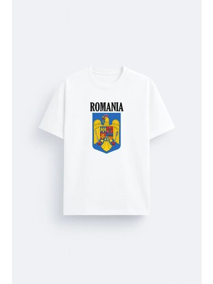 Shain Romanya Romania Bayrak Baskılı %100 Pamuklu Kumaş Beyaz Tişört T-Shirt