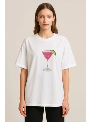 Shain Kokteyl Baskılı Bisiklet Yaka Beyaz Tişört T-Shirt