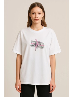 Shain Pinterest Dolar Baskılı Bisiklet Yaka Beyaz Tişört T-Shirt