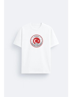 Shain Türk Bayrağı Türkiye Baskılı Pamuklu Kumaş Beyaz Tişört T-Shirt