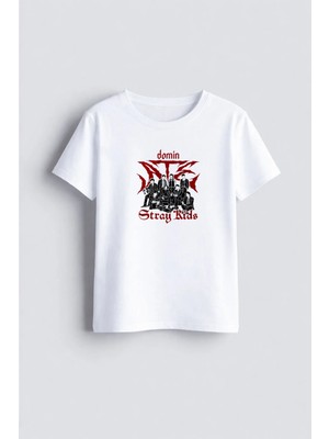 Shain Stray Kids Müzik Grubu Baskılı Bisiklet Yaka Çocuk Yetişkin Beyaz Tişört T-Shirt