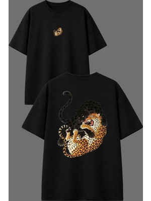 Vsrn Panter ve Kaplan Tasarım Ön Arka Baskılı Siyah Oversize T Shirt