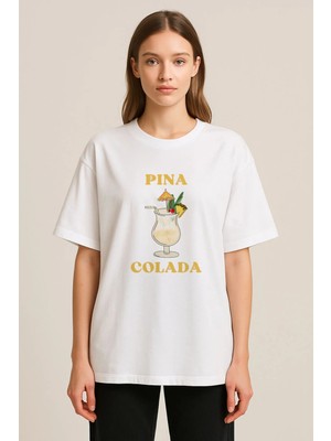 Shain Kokteyl Baskılı Bisiklet Yaka Beyaz Tişört T-Shirt