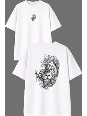 Vsrn Aslan ve Şovalye Tasarım Ön Arka Baskılı Beyaz Oversize T Shirt