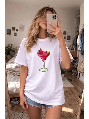 Shain Kokteil Baskılı Bisiklet Yaka Beyaz Tişört T-Shirt