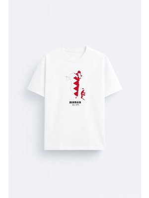 Shain Bahrain Bahrain Baskılı %100 Pamuklu Kumaş Beyaz Tişört T-Shirt