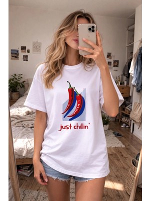 Shain Just Chili Pinterest Girl Baskılı Bisiklet Yaka Kadın Beyaz Tişört T-Shirt