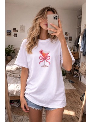 Shain Cherry Martini Kokteyl Baskılı Bisiklet Yaka Kadın Beyaz Tişört T-Shirt