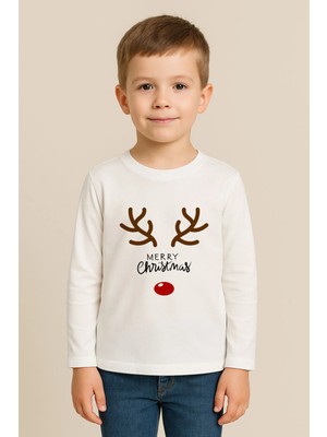 Shain Yeni Yıl Yılbaşı Noel Baba Christmas Baskılı Bisiklet Yaka Çocuk Uzun Kol Tişört Bluz