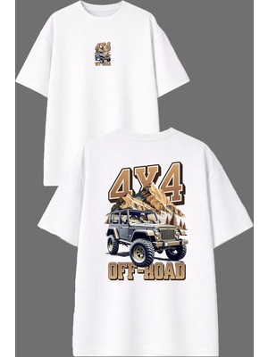 Vsrn 4 4 Off Road Tasarım Ön Arka Baskılı Beyaz Oversize T Shirt