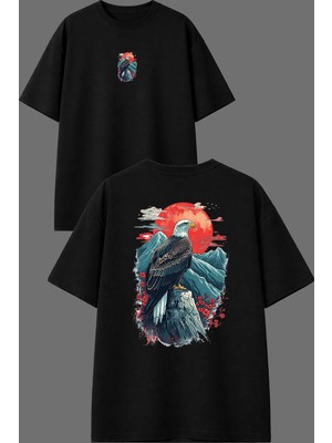 Vsrn Dağlarda Kartal Tasarım Ön Arka Baskılı Siyah Oversize T Shirt