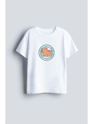 Shain Capybara Baskılı Beyaz Bisiklet Yaka Çocuk Tişört T-Shirt