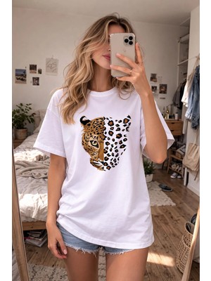 Shain Leopar Baskılı Bisiklet Yaka Beyaz Tişört T-Shirt
