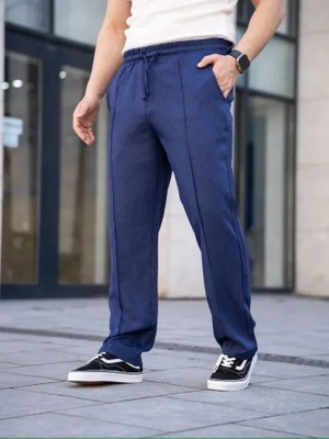 Uslucan Alışveriş Erkek Keten Cepli Çıma Dikişli Jogger Buggy Pantalon Rahat Kalıp - Lacivert