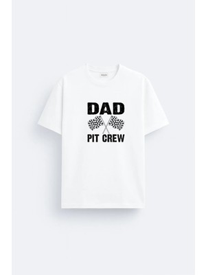 Shain Dad Pit Crew Baskılı Pamuklu Kumaş Beyaz Tişört T-Shirt