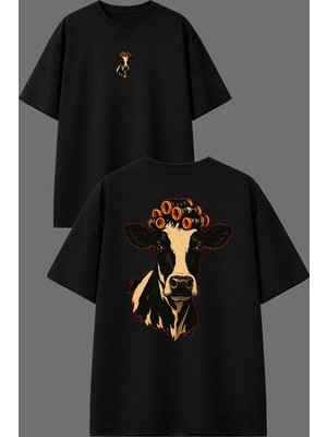 Vsrn Rastalı Inek Tasarım Ön Arka Baskılı Siyah Oversize T Shirt