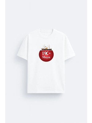 Shain 19 Mayıs Atatürk'ü Anma Gençlik ve Spor Bayramı Baskılı Beyaz Unisex Tişört