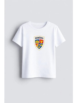 Shain Romanya Logo Baskılı Bisiklet Yaka Çocuk Yetişkin Beyaz Tişört T-Shirt