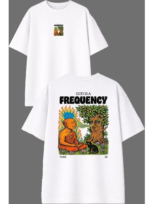 Vsrn Frequency Tasarım Ön Arka Baskılı Beyaz Oversize T Shirt