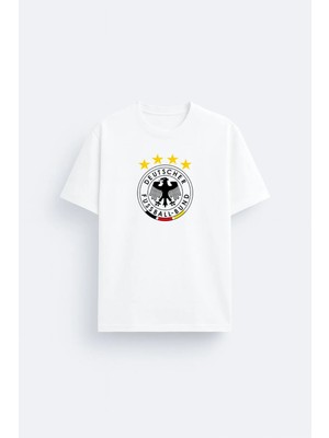 Shain Almanya Deutscher Futbol Takımı Baskılı %100 Pamuklu Kumaş Beyaz Tişört T-Shirt
