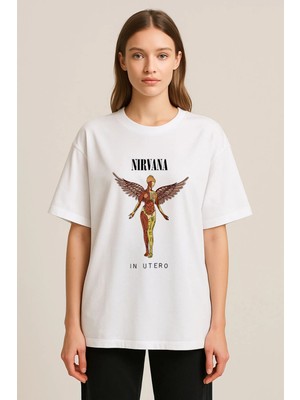 Shain Nirvana Baskılı Bisiklet Yaka Beyaz Tişört T-Shirt