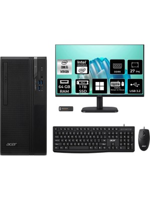 Acer Veriton S2720G Core I5 14400 64GB 1tb SSD 27" Fhd WIN11 Pro DTR1PEM002P714 Masaüstü Bilgisayar & Per4 USB