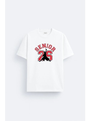 Shain 2026 Mezun Senior Baskılı Pamuklu Kumaş Mezuniyet Beyaz Tişört T-Shirt