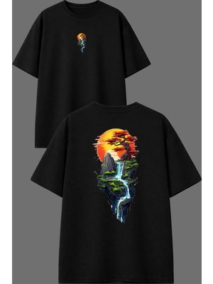 Vsrn Doğa Manzarası Tasarım Ön Arka Baskılı Siyah Oversize T Shirt
