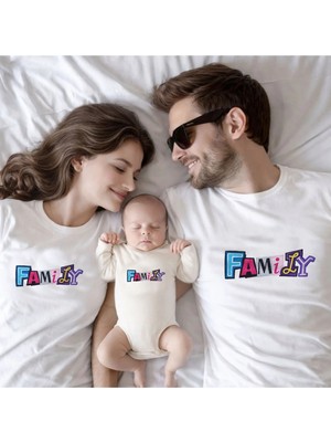 Shain Family Familya Baskılı Anne Bebek Aile Beyaz Tişört Ekru Zıbın Kombin