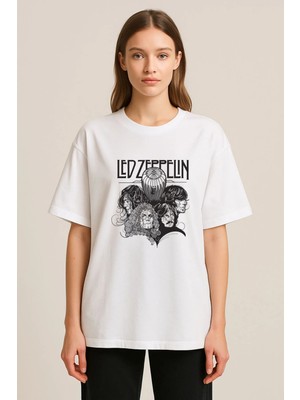 Shain LED Zeppelin Baskılı Bisiklet Yaka Beyaz Tişört T-Shirt