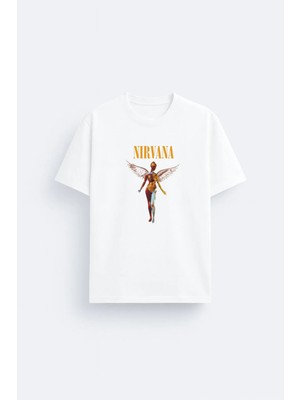 Shain Nirvana Müzik Grubu Baskılı Beyaz Unisex Tişört