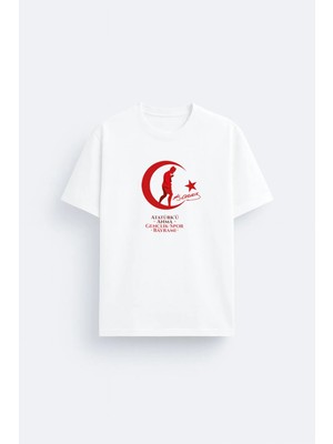 Shain 19 Mayıs Atatürk'ü Anma Gençlik ve Spor Bayramı Baskılı Beyaz Unisex Tişört