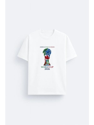 Shain 2026 Fıfa Dünya Kupası %100 Pamuklu Kumaş Beyaz Tişört T-Shirt