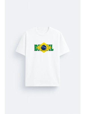 Shain Brezilya Milli Futbol Takımı Baskılı %100 Pamuklu Kumaş Beyaz Tişört T-Shirt