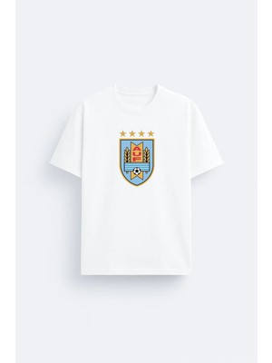 Shain Uruguay Millî Futbol Takımı Dünya Kupası Baskılı Pamuklu Kumaş Beyaz Tişört T-Shirt