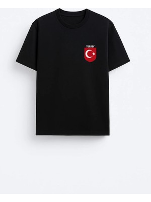 Shain Türkiye Türk Bayrağı Baskılı Pamuklu Kumaş Siyah Tişört T-Shirt