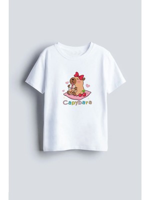 Shain Capybara Baskılı Beyaz Bisiklet Yaka Çocuk Tişört T-Shirt
