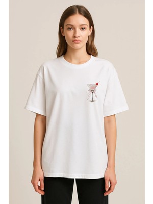 Shain Kokteyl Baskılı Bisiklet Yaka Beyaz Tişört T-Shirt