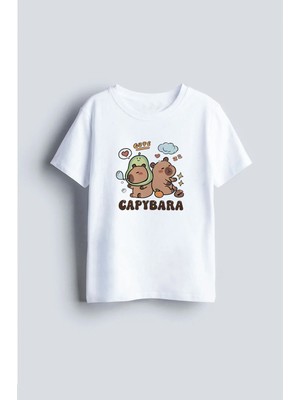 Shain Capybara Baskılı Beyaz Bisiklet Yaka Çocuk Tişört T-Shirt