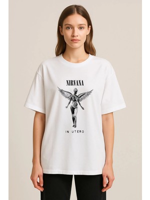 Shain Nirvana Baskılı Bisiklet Yaka Beyaz Tişört T-Shirt