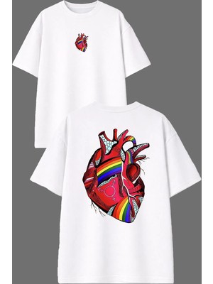 Vsrn Renkli Kalp Tasarım Ön Arka Baskılı Beyaz Oversize T Shirt