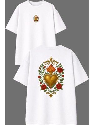 Vsrn Gül Desenli Kalp Tasarım Ön Arka Baskılı Beyaz Oversize T Shirt